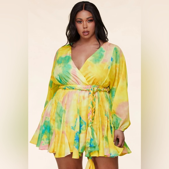 NWT PuteriaXO Plus Size Plunge Tie Dye Mini Dress with Braided Rope Belt - Picture 2 of 13